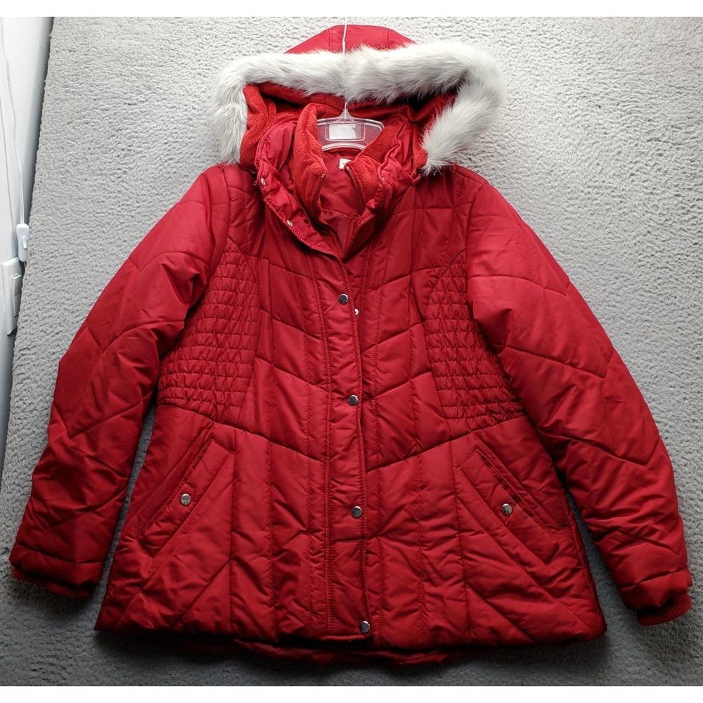 Susan Graver Puffer Jacket Women XL Red Quilted Panel Faux Fur Hooded Winter EUC